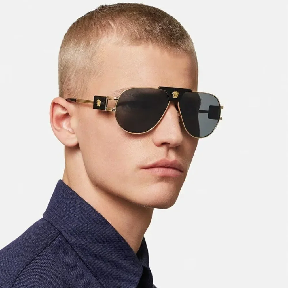 NEW Versace VE2252 100287 BRAND NEW Gold Dark Grey Metal Pilot Unisex Sunglasses